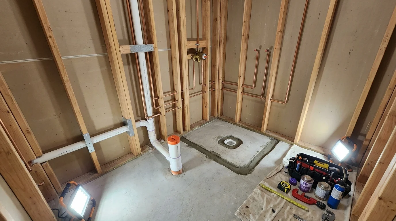 Bathroom rough-in plumbing during remodel by Johns Plumbing LLC in Pittsboro