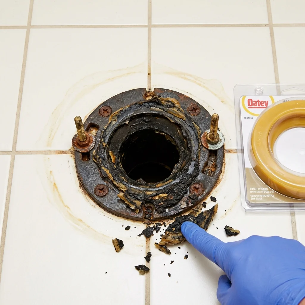 Failed wax ring showing water seepage at the base of a toilet in a Pittsboro, MS home