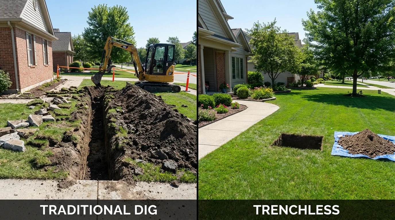 Trenchless sewer repair with minimal yard damage versus traditional excavation in Pittsboro, MS