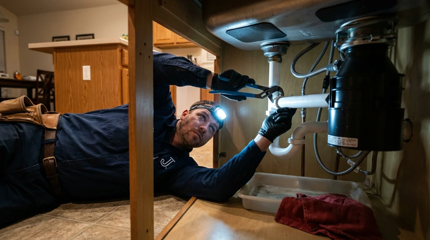 P-trap and supply line connections under a kitchen sink showing a common leak point in Pittsboro, MS